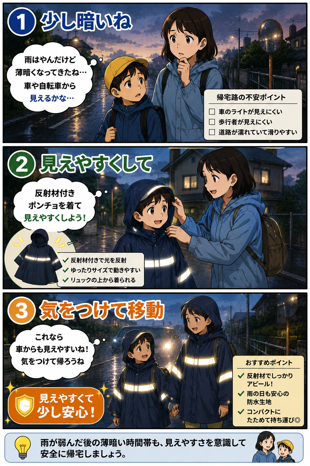 反射材付きレインポンチョを使って準備や確認の負担を減らす漫画