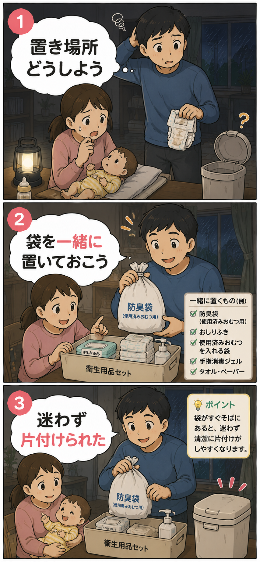 停電中に使用済みおむつを防臭袋で一時保管しやすくする夫婦の3コマ漫画