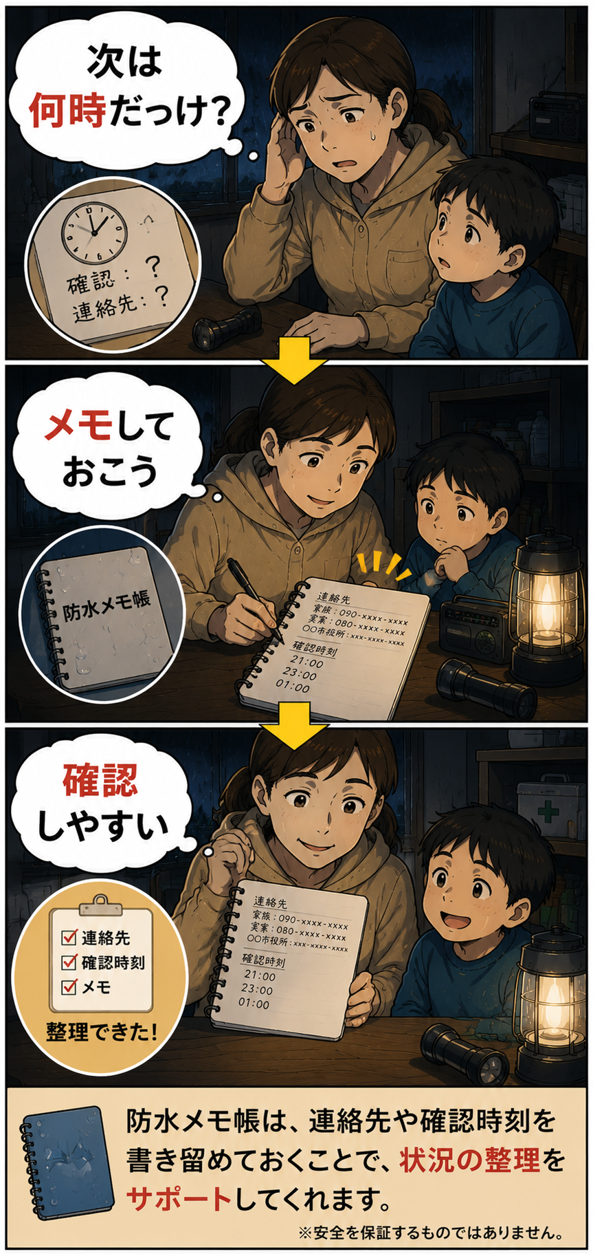 防水メモ帳を使って準備や確認の負担を減らす漫画