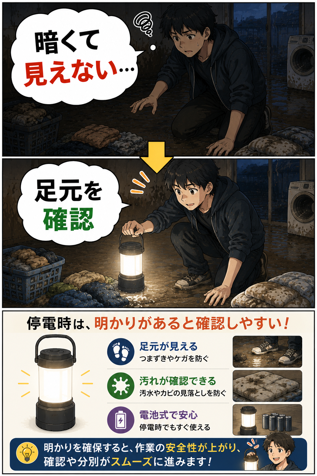 LEDランタンを使って準備や確認の負担を減らす漫画