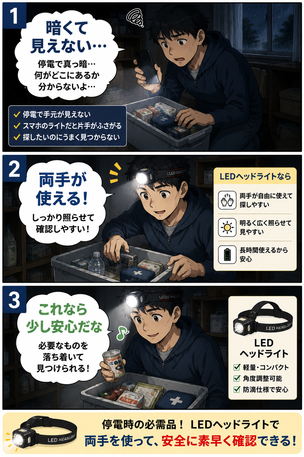 LEDヘッドライトを使って準備や確認の負担を減らす漫画