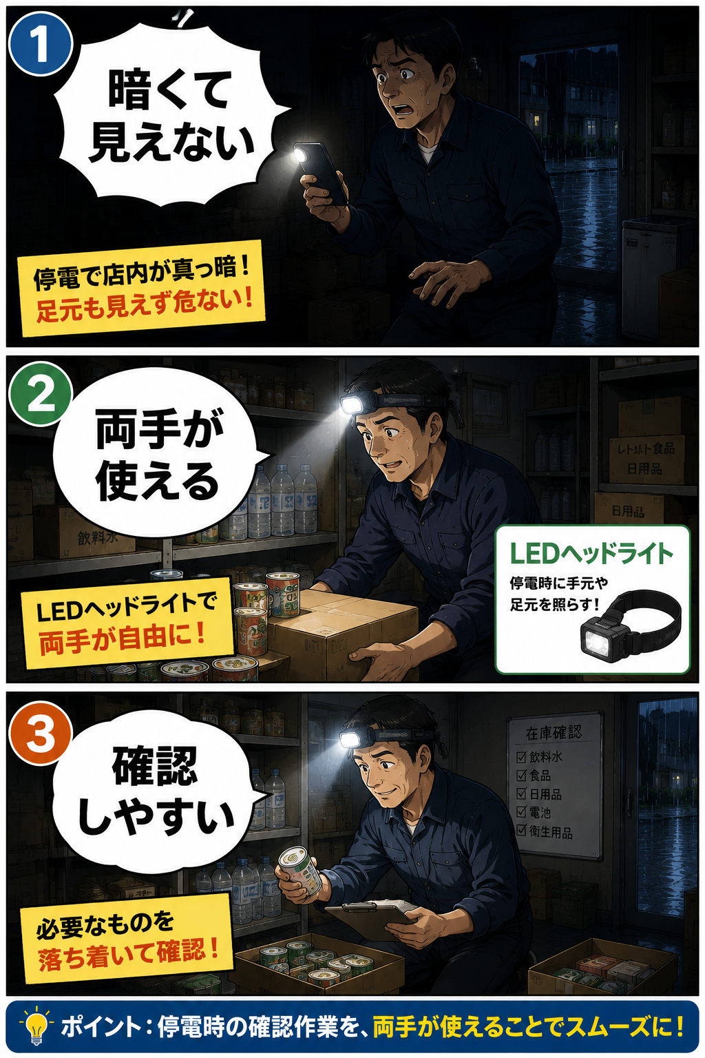 LEDヘッドライトを使って準備や確認の負担を減らす漫画