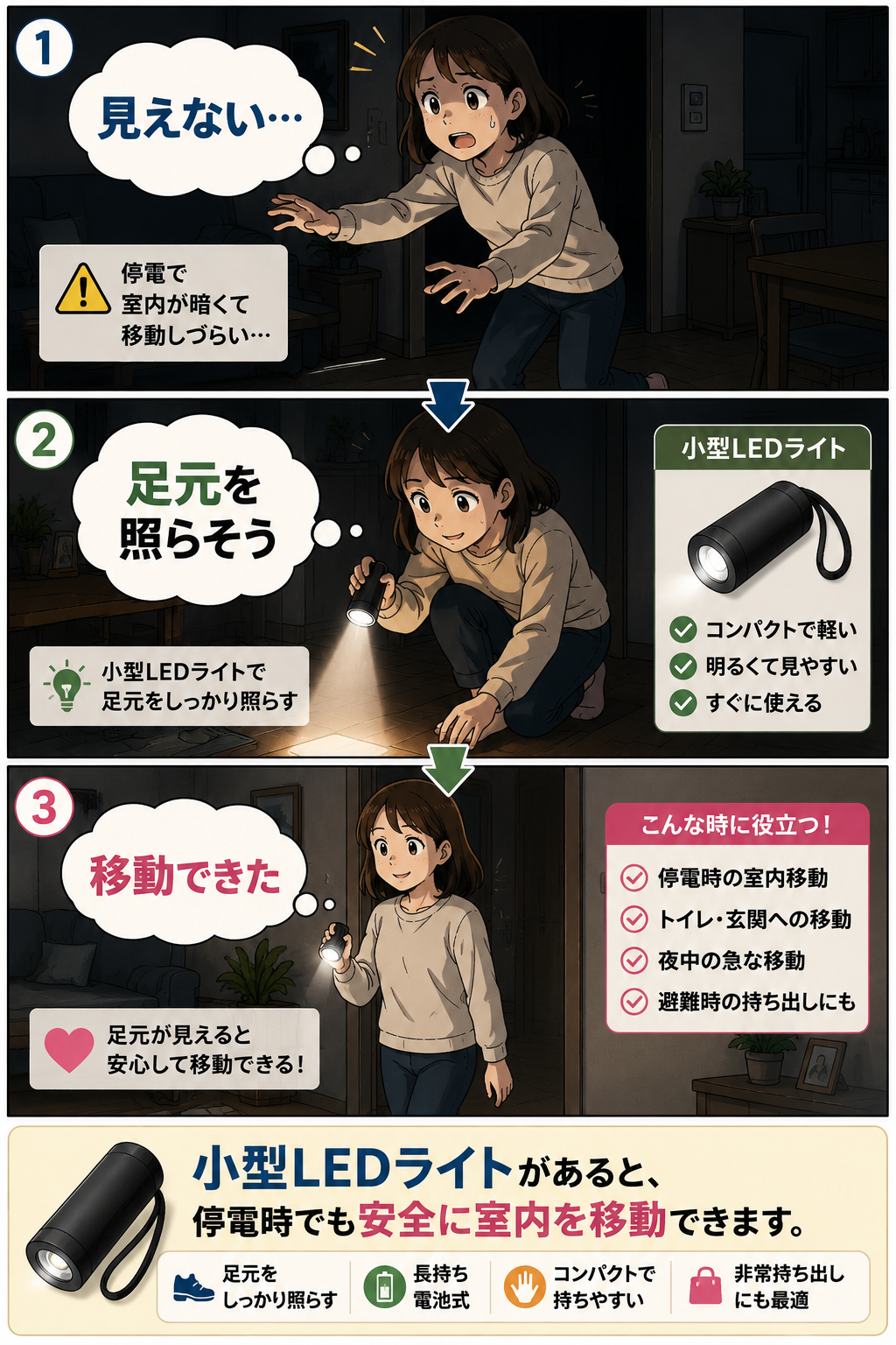 小型LEDライトを使って準備や確認の負担を減らす漫画