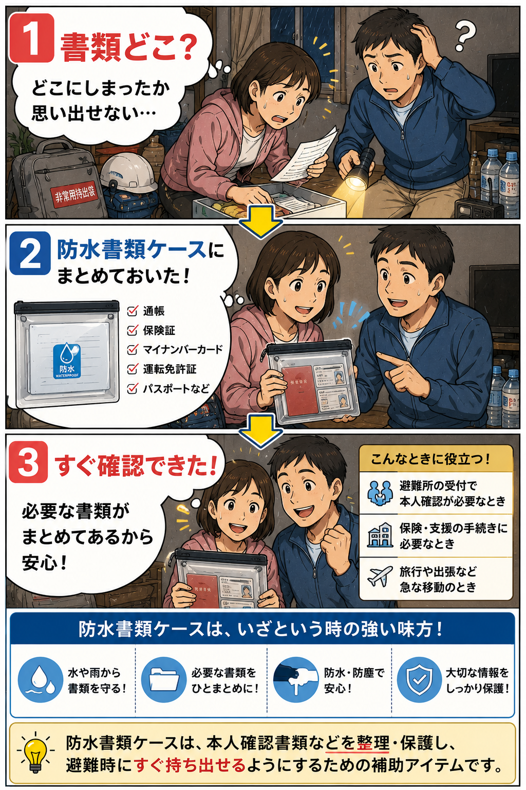 防水書類ケースを使って準備や確認の負担を減らす漫画