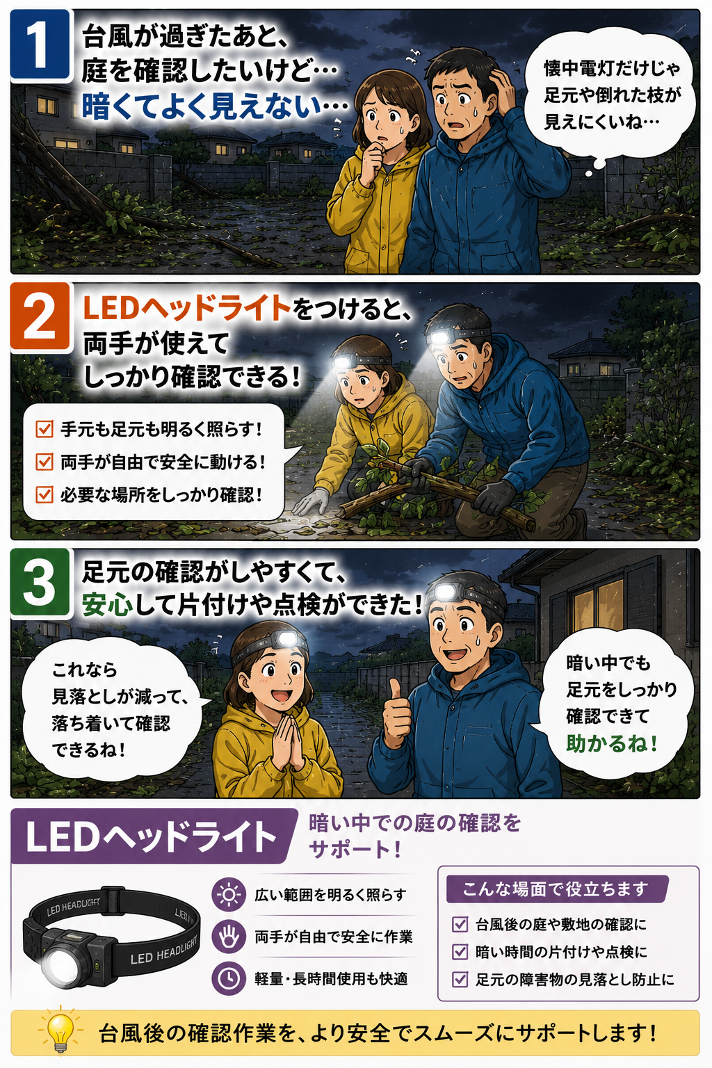 台風後の薄暗い庭でLEDヘッドライトを使って足元を確認する夫婦の漫画