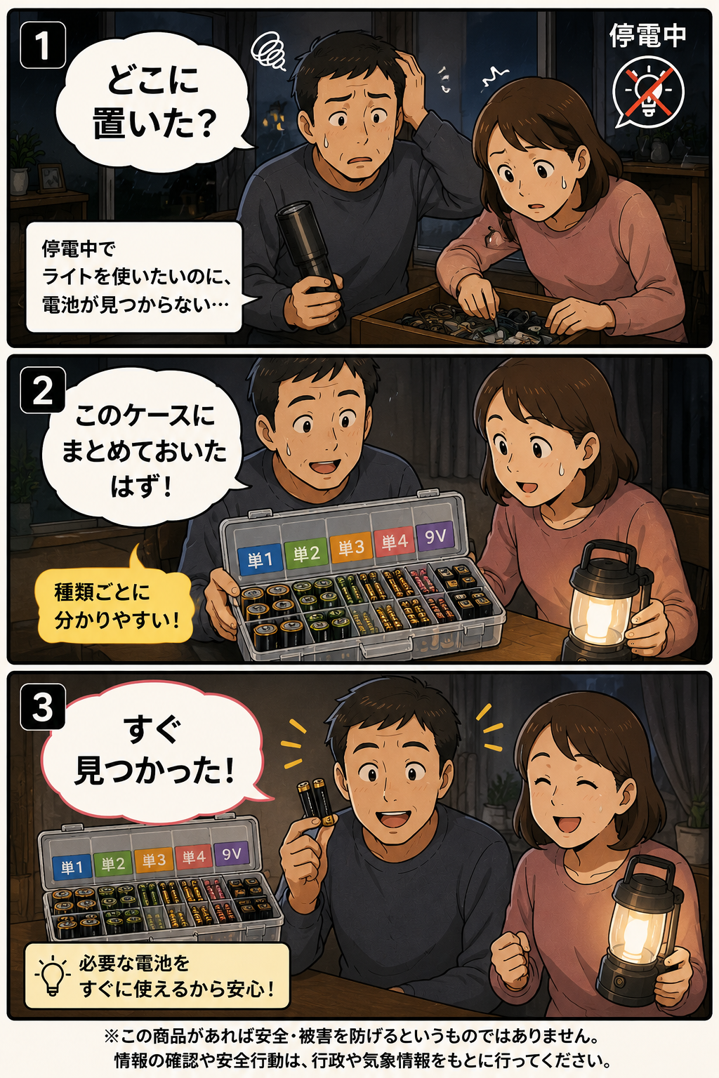 停電時に電池を探していた夫婦が、乾電池備蓄ケースから必要な電池を見つける漫画