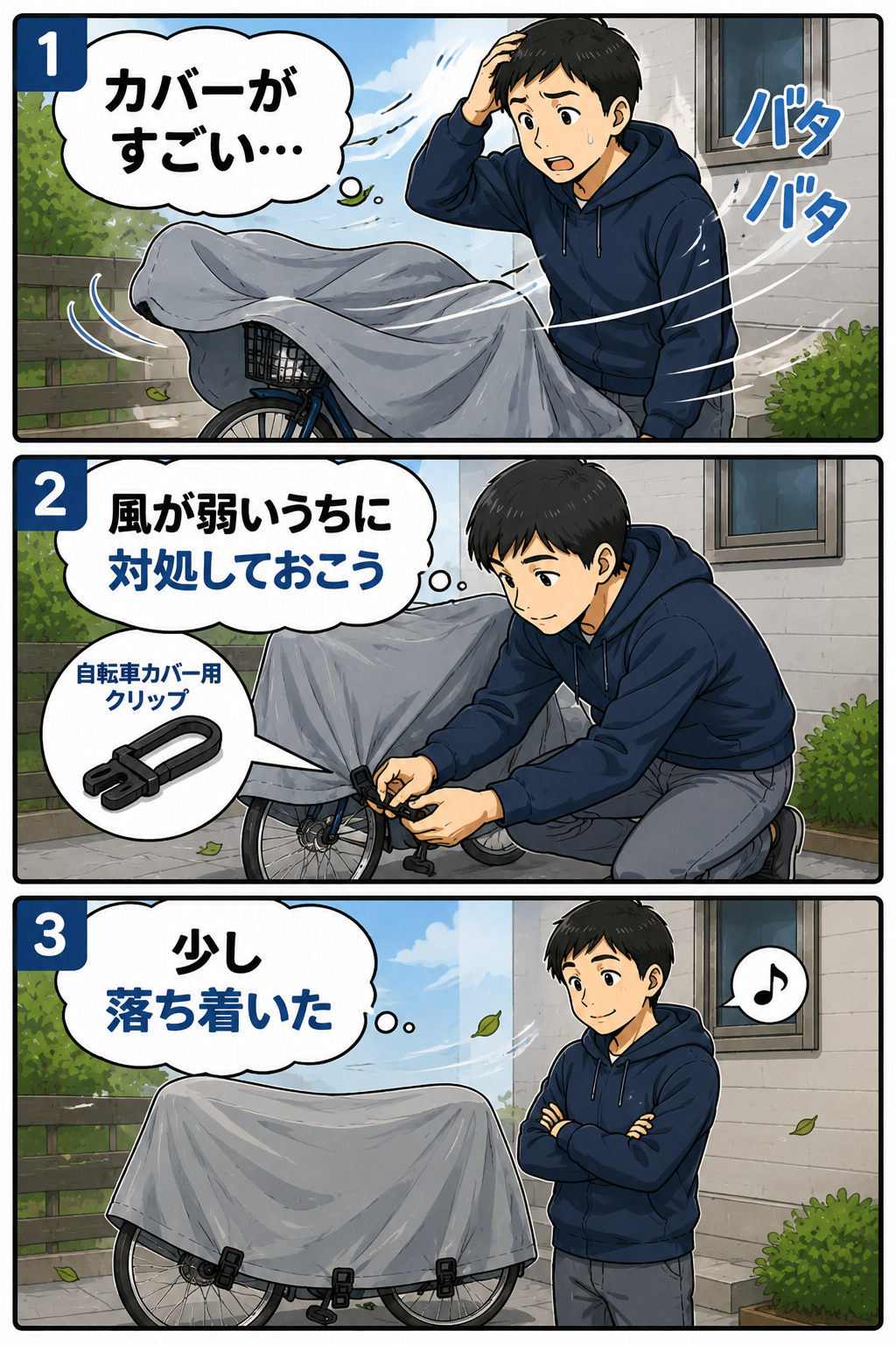 台風前に自転車カバー用クリップでカバーのばたつきを抑える高校生の漫画