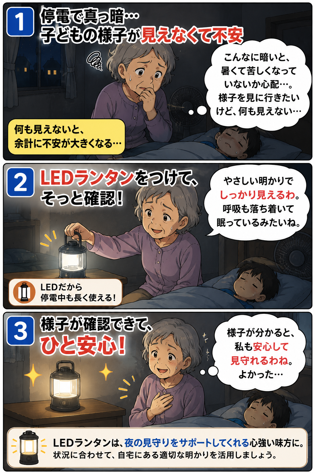 停電中に祖母がLEDランタンで子どもの様子を確認する商品紹介漫画