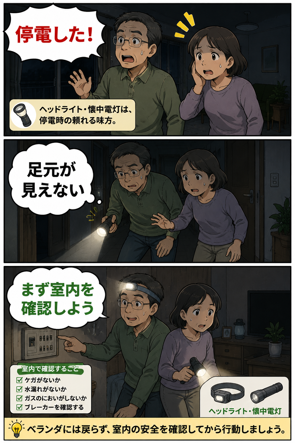 停電後の室内で夫婦がヘッドライトと懐中電灯を使って足元を確認する漫画