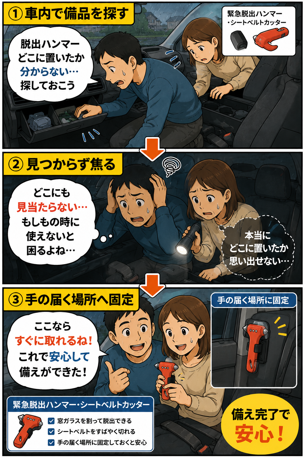 緊急脱出ハンマーを手の届く場所に置く漫画