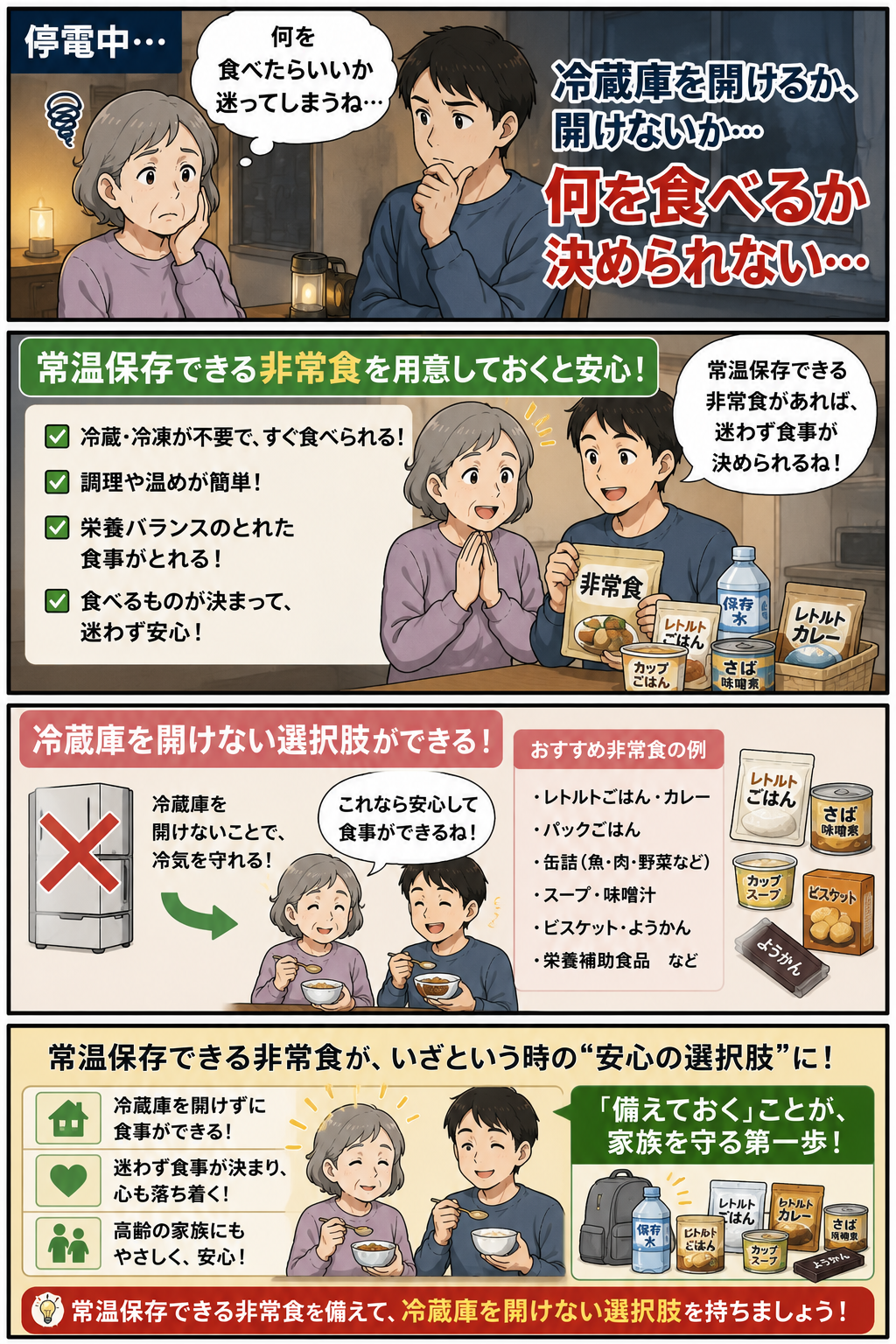 停電中に常温保存できる非常食で食事を決める高齢の母と息子の漫画