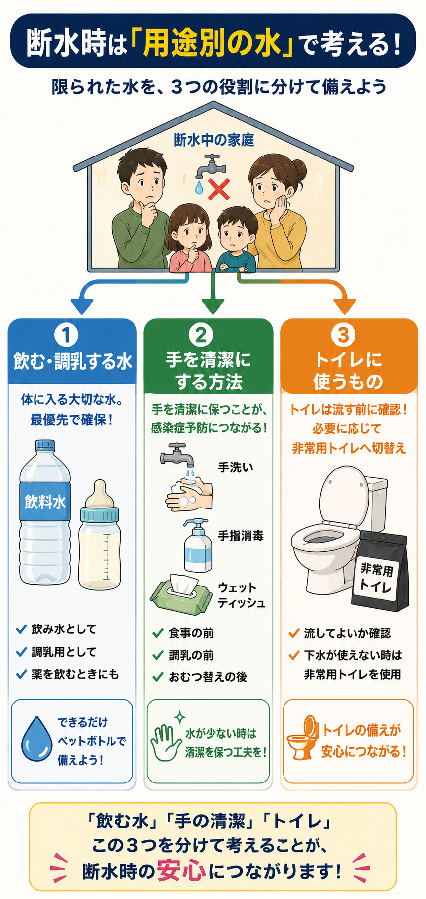 断水時に水を飲用・手洗い・トイレ用に分けて考える図解