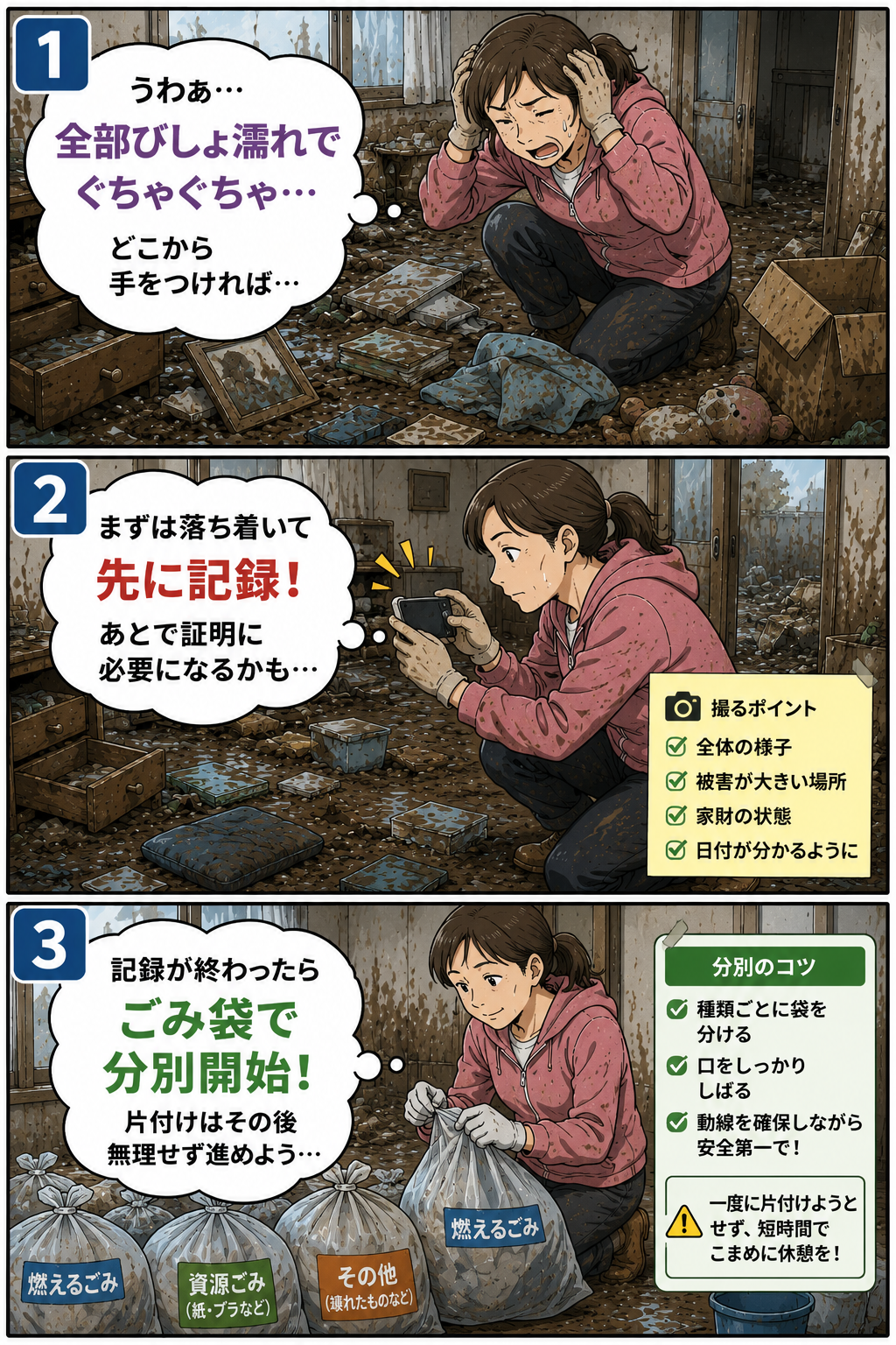 浸水後の室内で写真記録を先に行い、ごみ袋で分別を始める母親の3コマ漫画