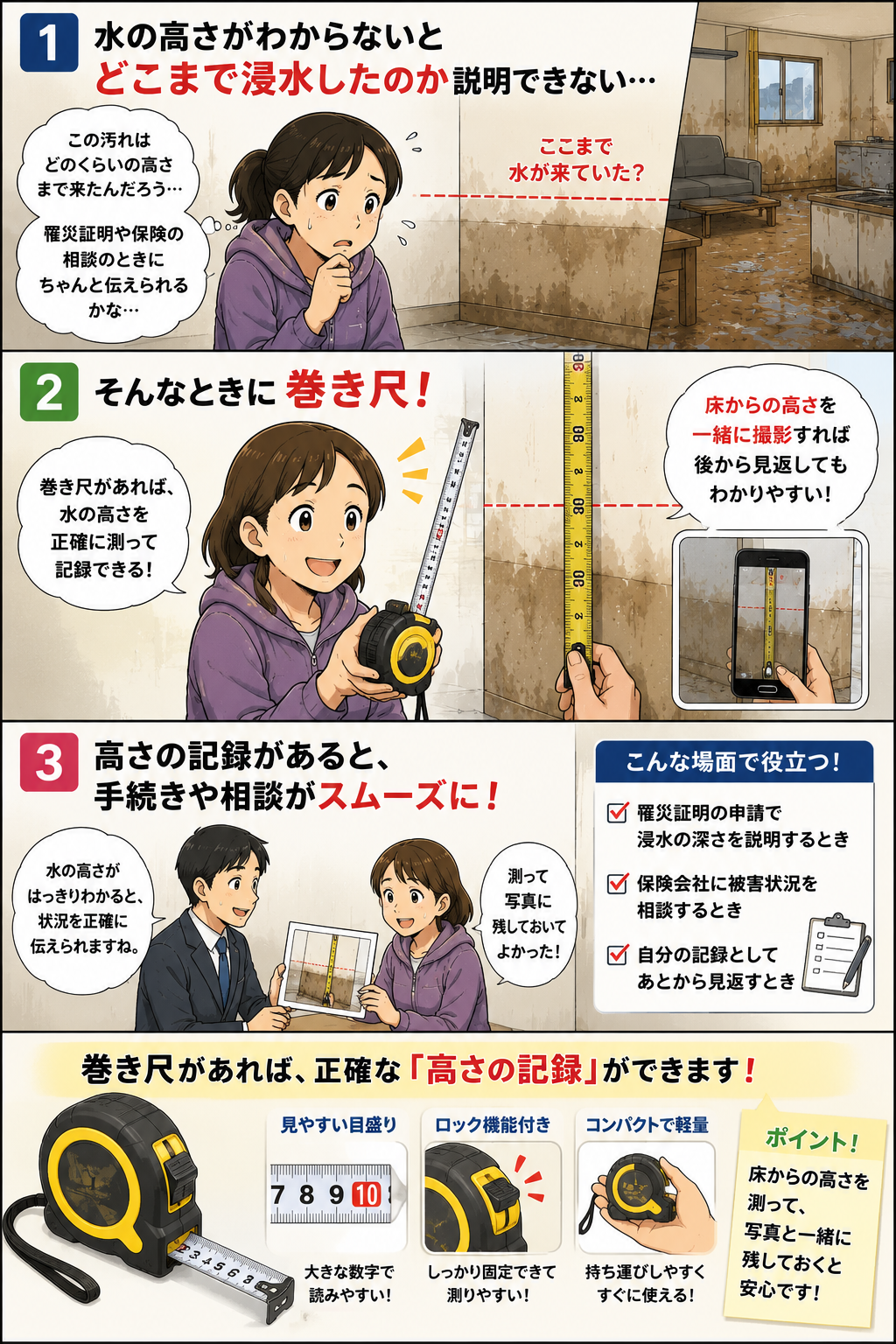 浸水後の壁の水位跡を巻き尺で測り、写真と一緒に記録して被害状況を説明しやすくする商品紹介漫画
