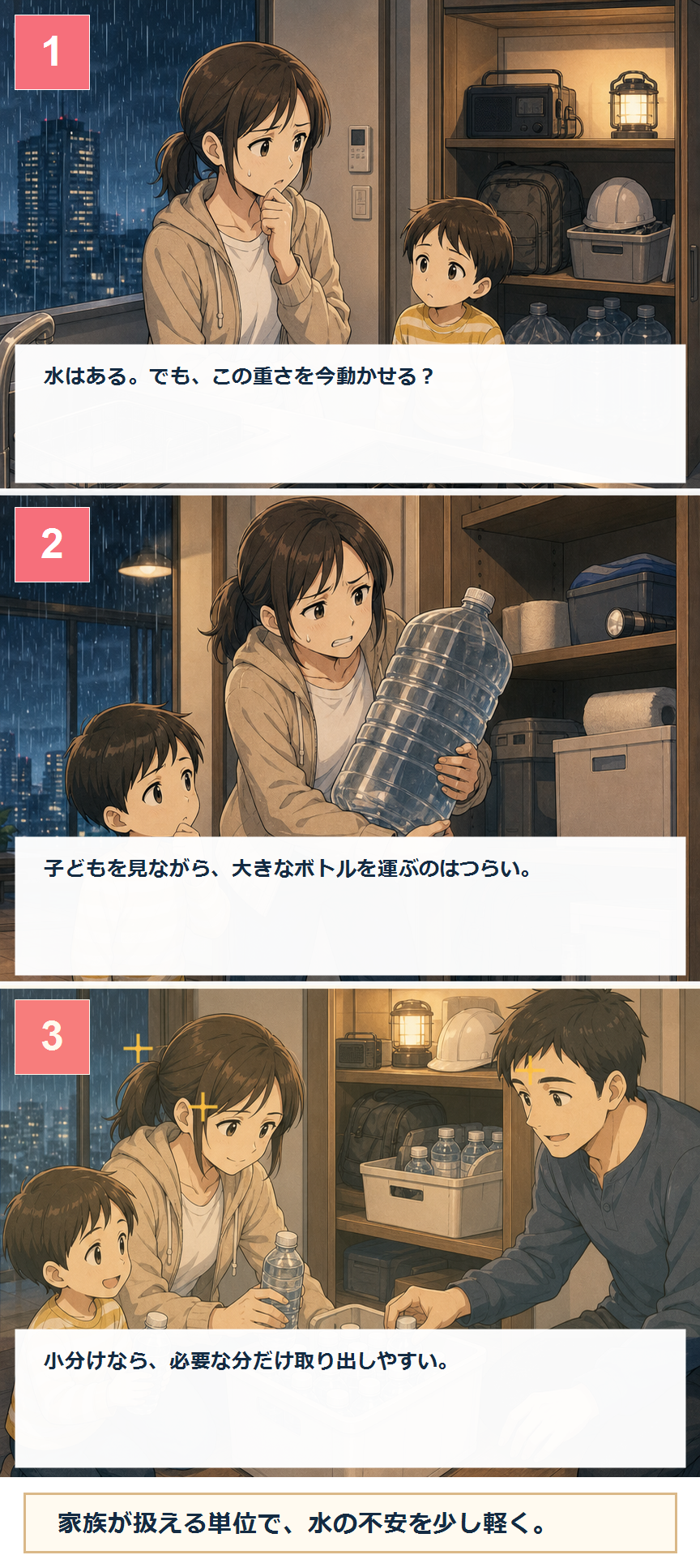 小分け保存水の準備で軽くなる場面
