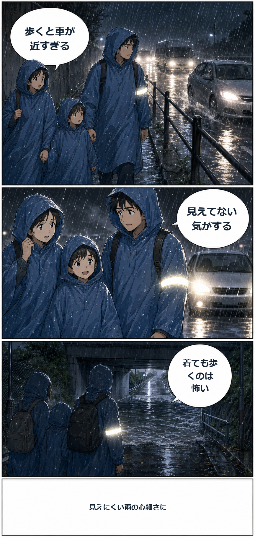 レインポンチョ・反射バンドの支援用品漫画
