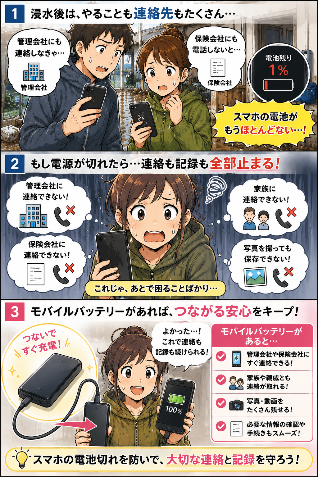 モバイルバッテリーの準備で軽くなる場面