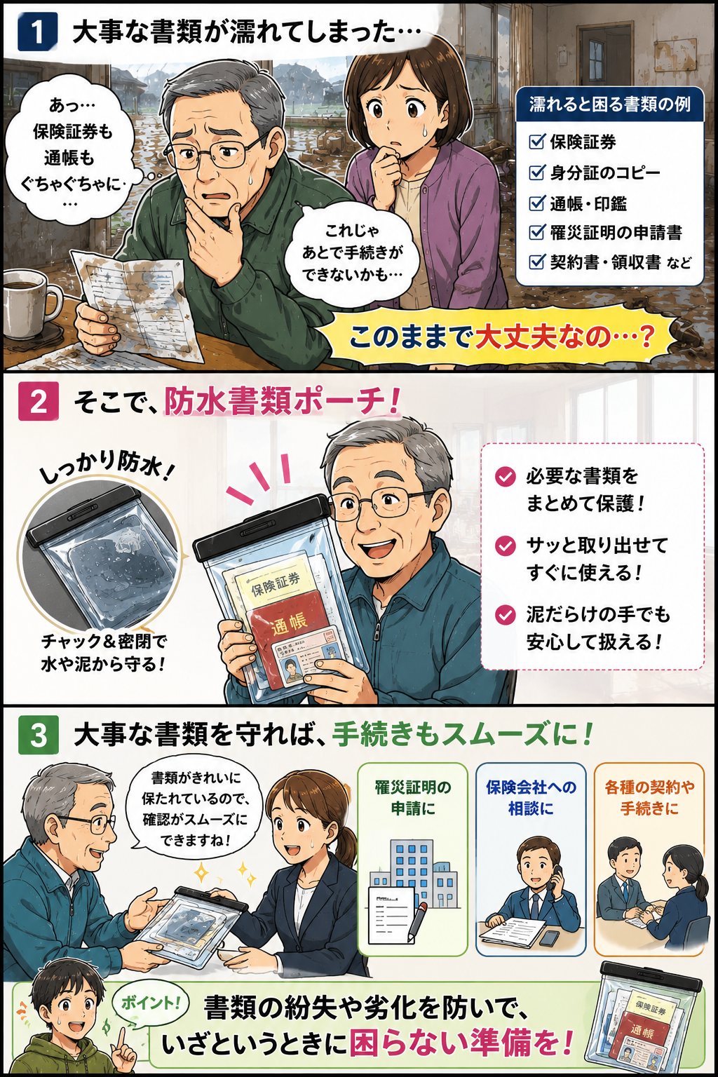 防水書類ポーチの準備で軽くなる場面