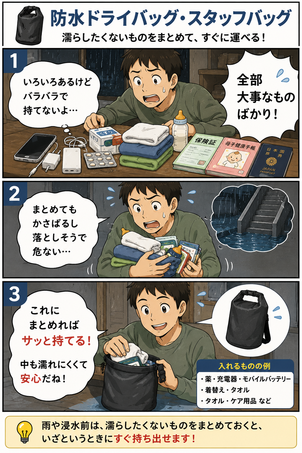 防水ドライバッグに薬や充電器などをまとめて浸水前に運びやすくする漫画