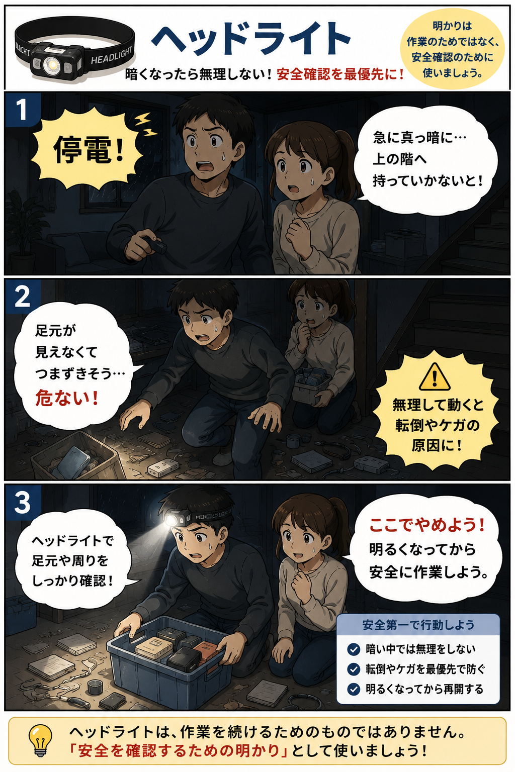 停電で暗い室内で夫婦がヘッドライトを使って足元を確認し作業中止を判断する漫画