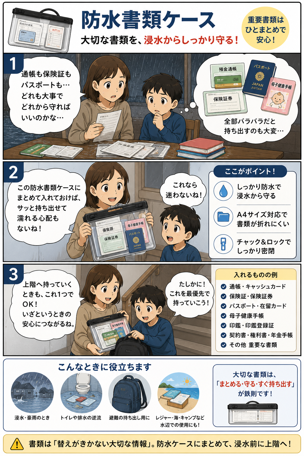防水書類ケースに保険証類や母子健康手帳などの重要書類をまとめて浸水前に守る漫画