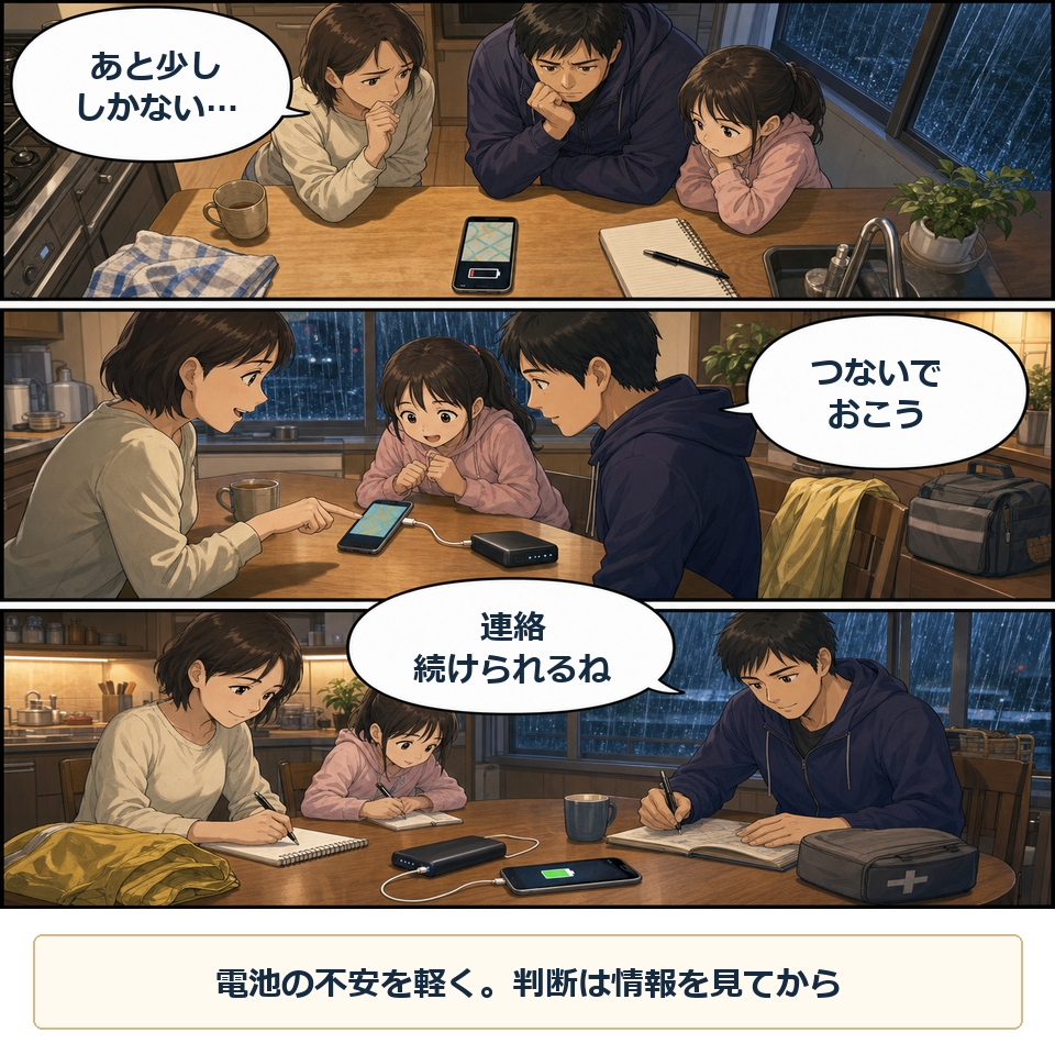 モバイルバッテリーの準備で軽くなる場面
