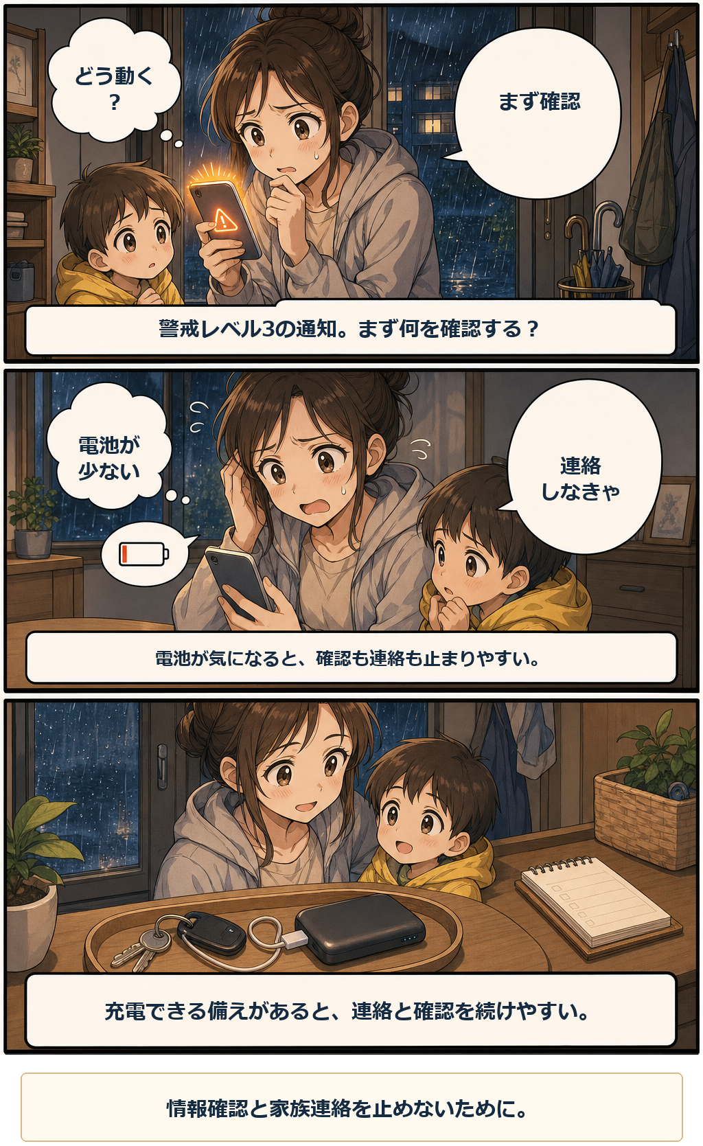 モバイルバッテリーの準備で軽くなる場面