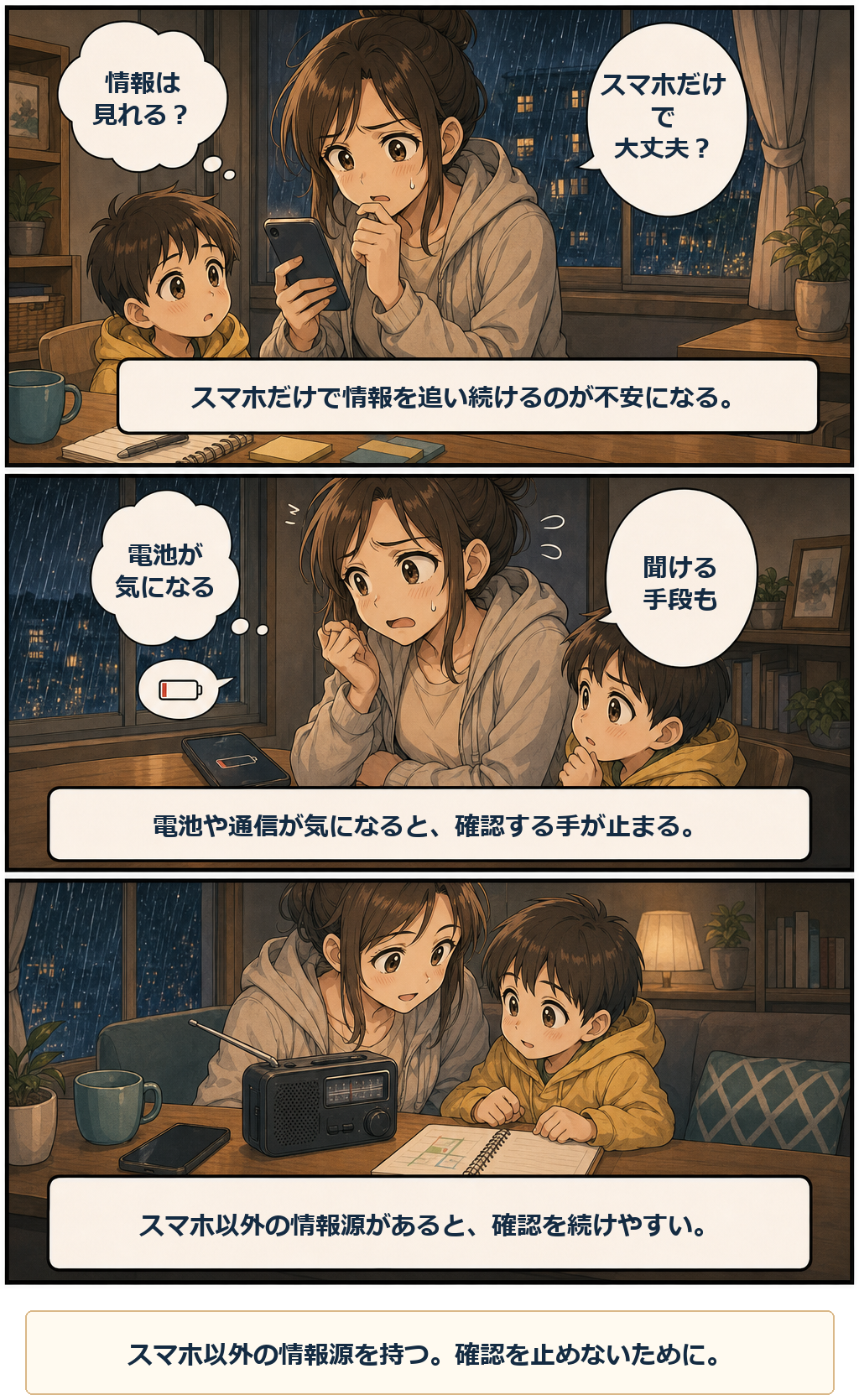 携帯ラジオの準備で軽くなる場面