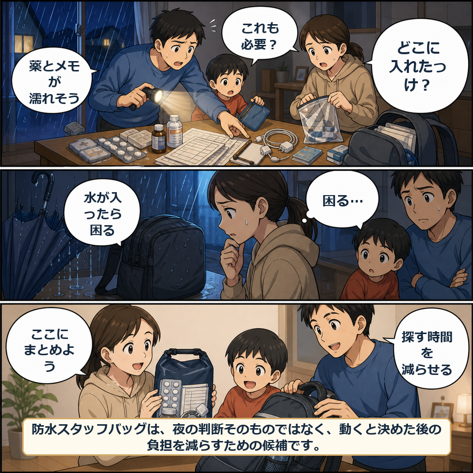 防水スタッフバッグの準備で軽くなる場面
