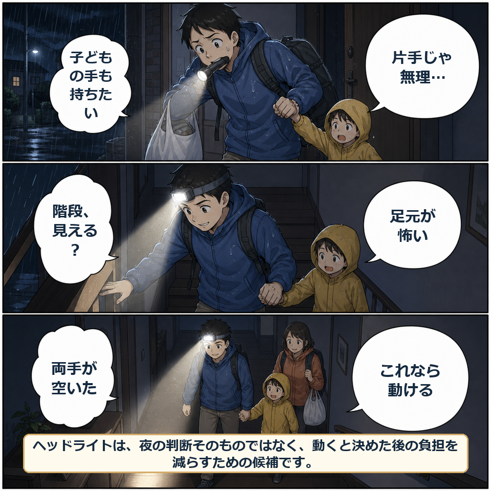ヘッドライトの準備で軽くなる場面