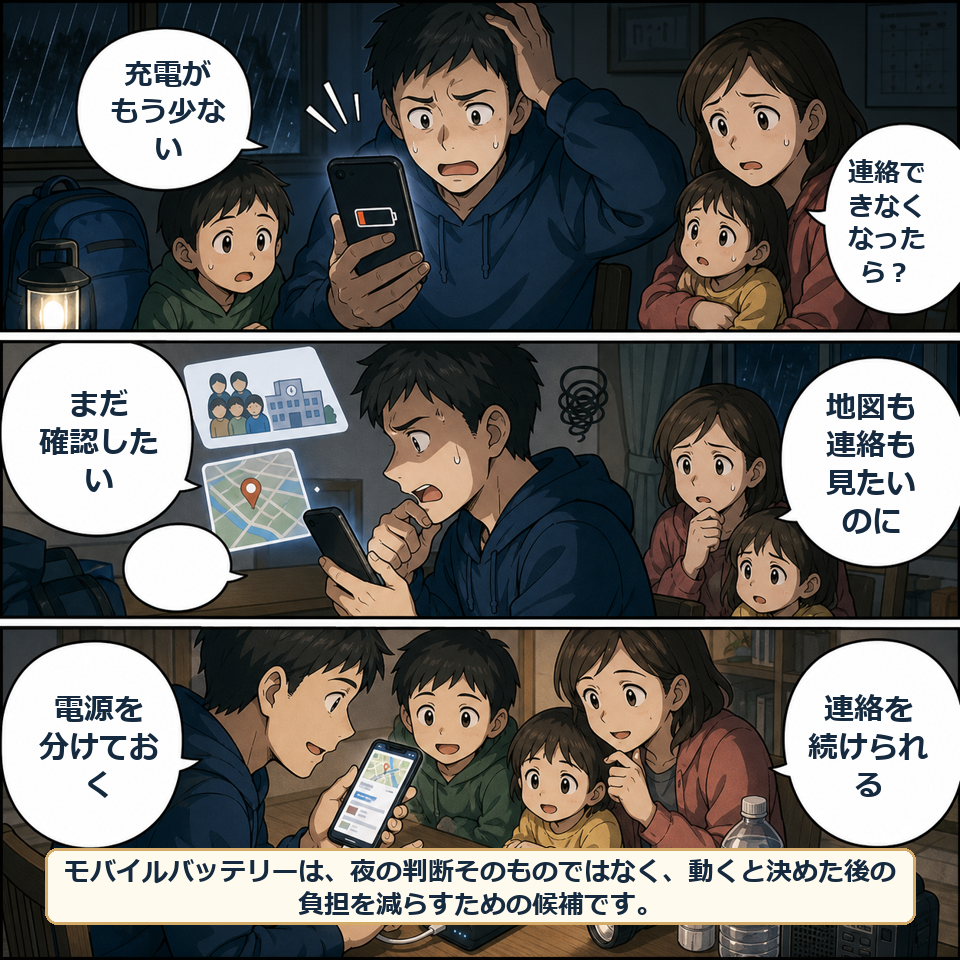 モバイルバッテリーの準備で軽くなる場面