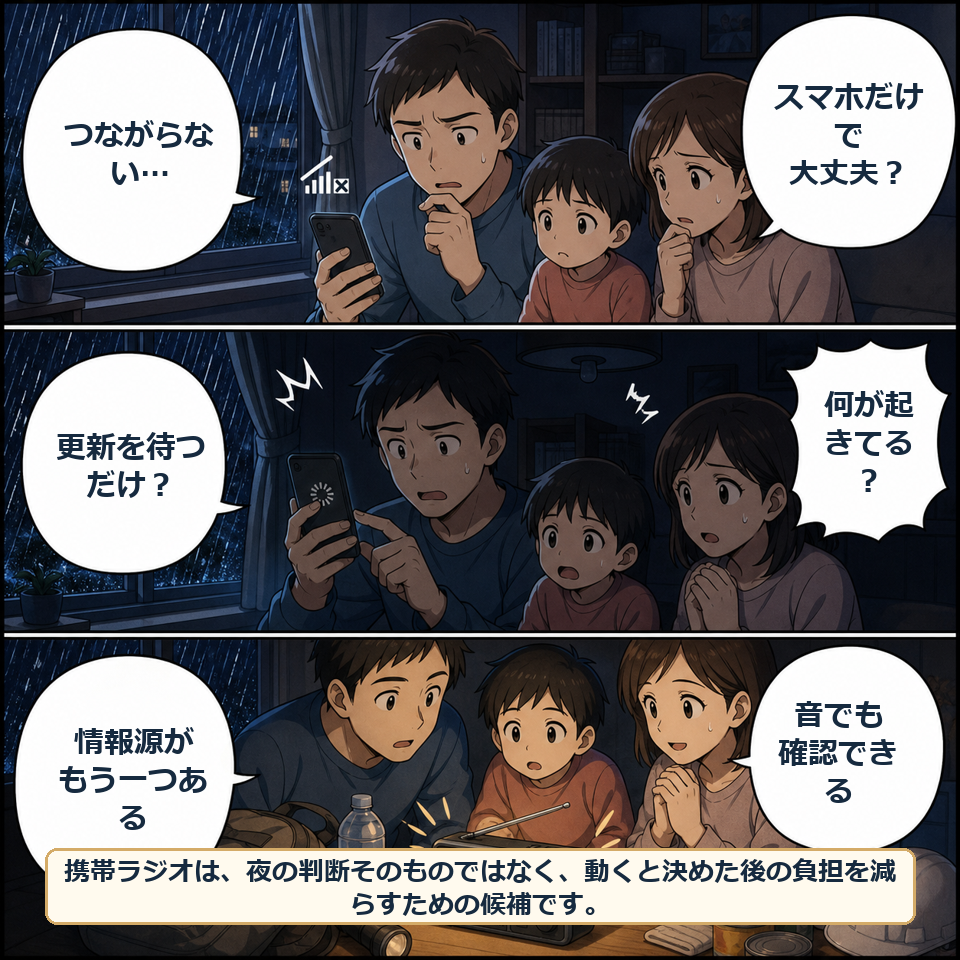 携帯ラジオの準備で軽くなる場面