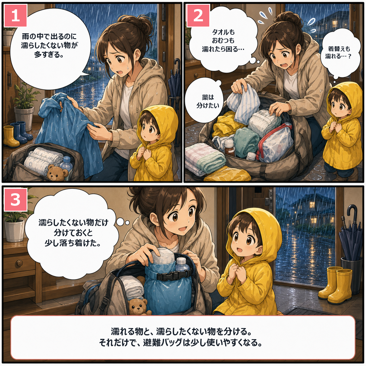 防水スタッフバッグの準備で軽くなる場面