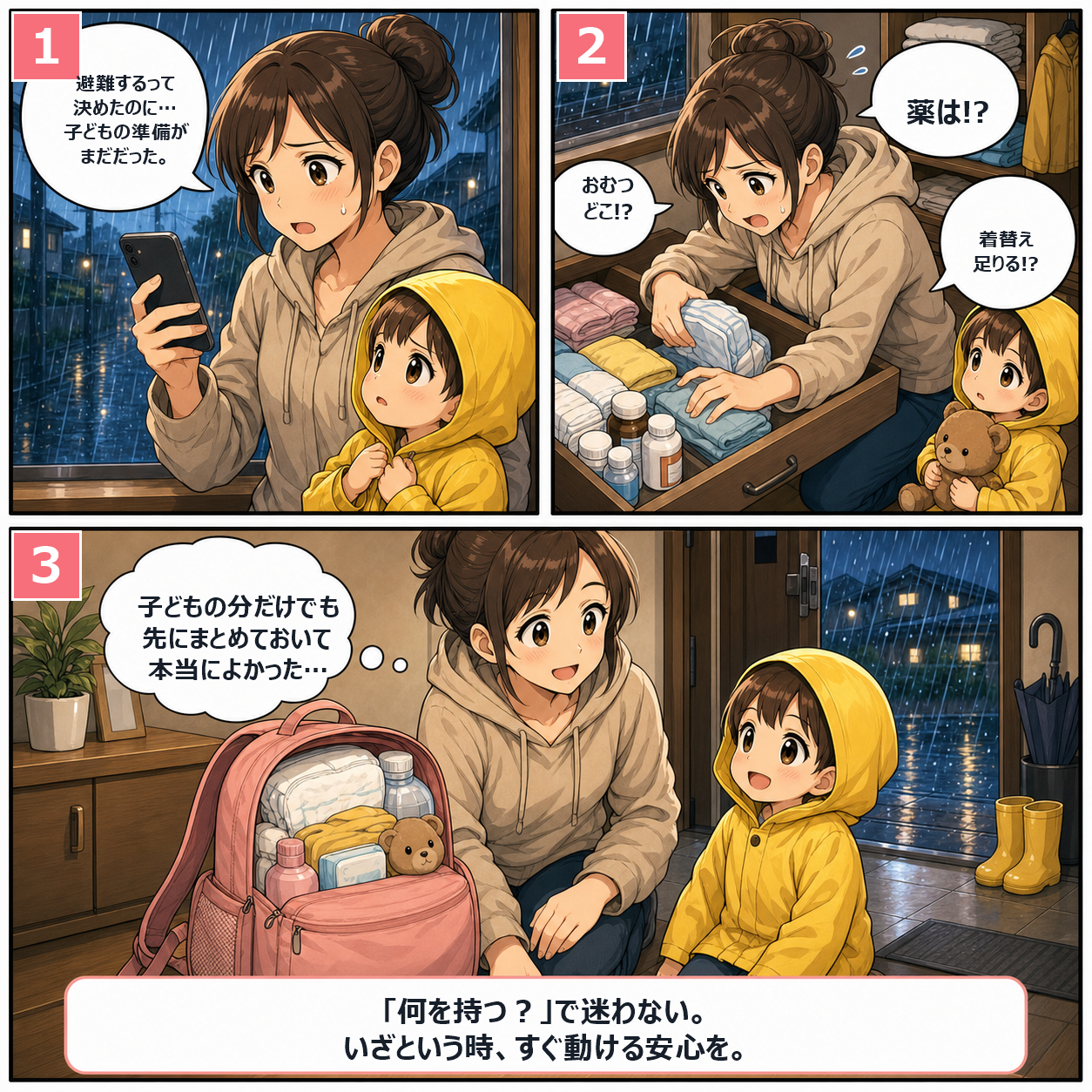 子ども用避難バッグの準備で軽くなる場面