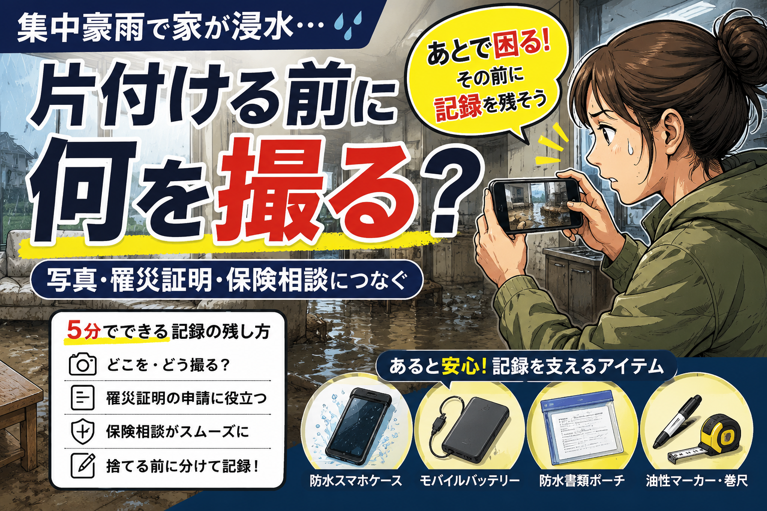 アイキャッチ: 集中豪雨で片付ける前に何を撮る？写真・罹災証明・保険相談につなぐ記録の残し方