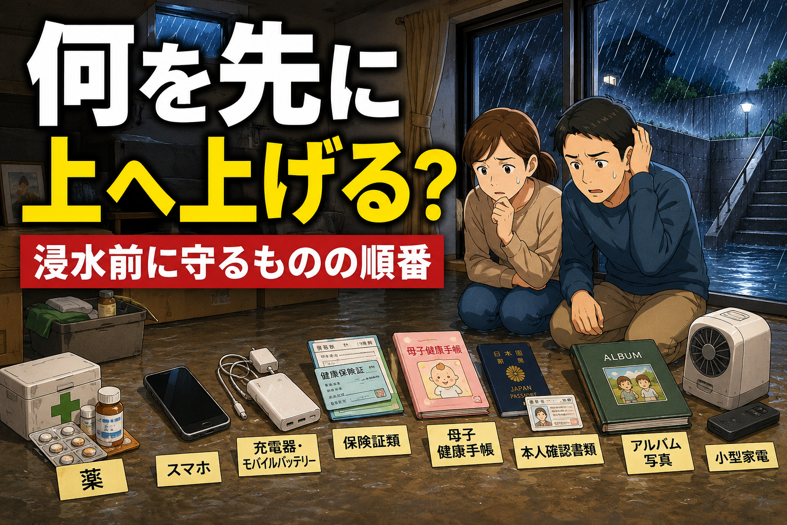豪雨で浸水が迫る半地下の部屋で、薬や書類など何を先に上階へ上げるか迷う夫婦
