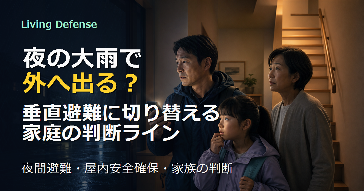 夜の大雨で外へ出るか、家の中で上へ移るか迷う家族のアイキャッチ