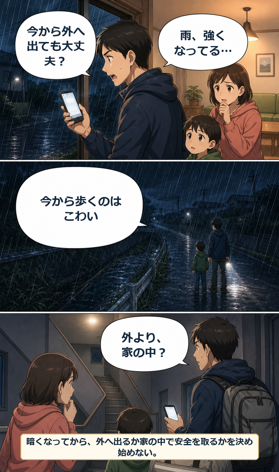 夜の大雨で外へ出る？垂直避難に切り替える家庭の判断ライン