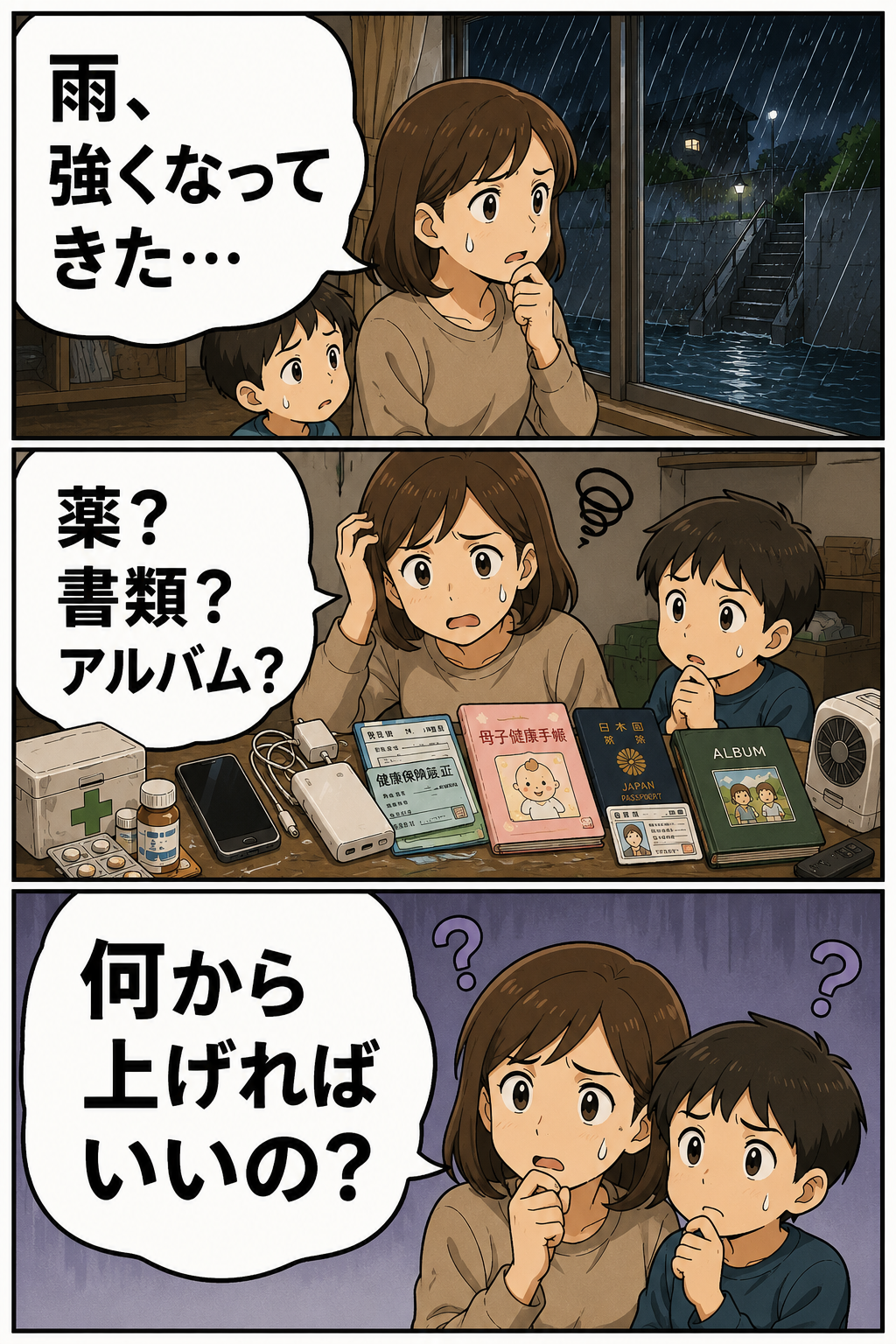 豪雨の夜に母親と子どもが薬や書類など何を先に上階へ上げるか迷う3コマ漫画