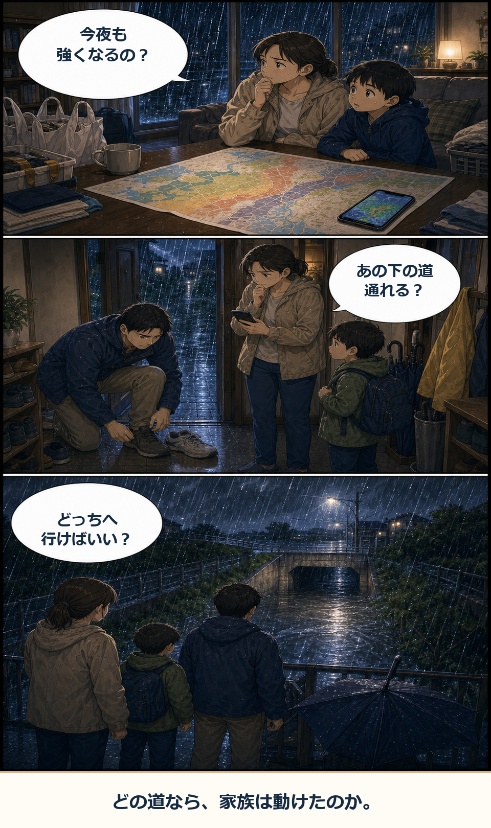 ハザードマップの色だけで迷わない冒頭3コマ
