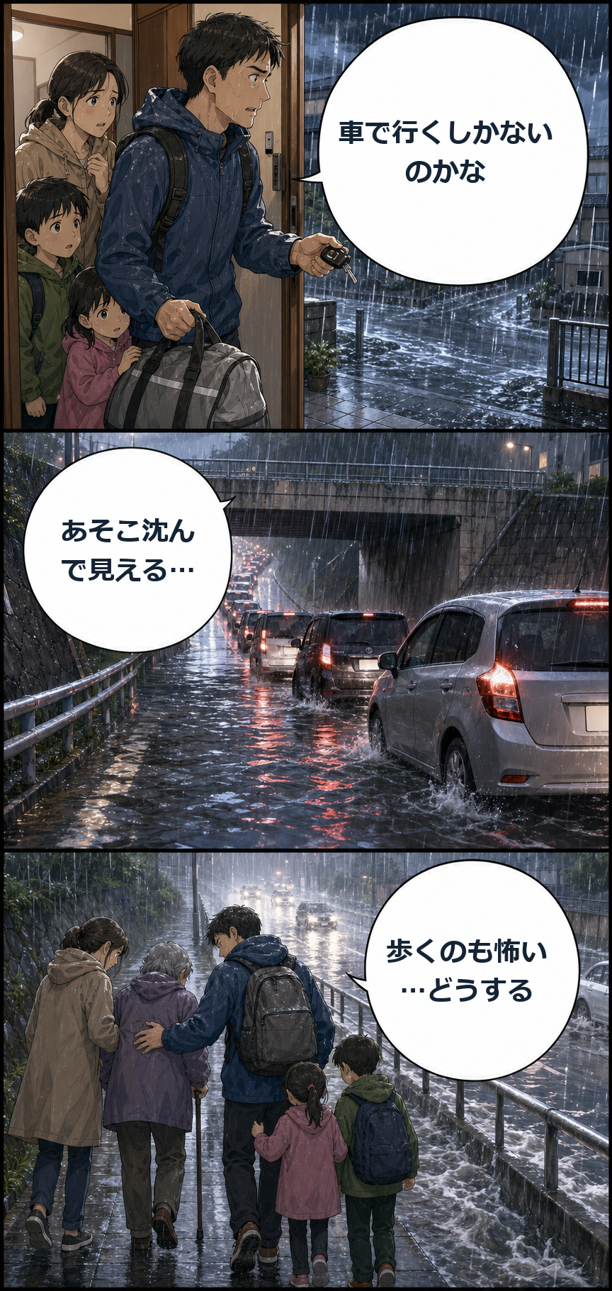 車か徒歩かを決めきれない家族の冒頭3コマ
