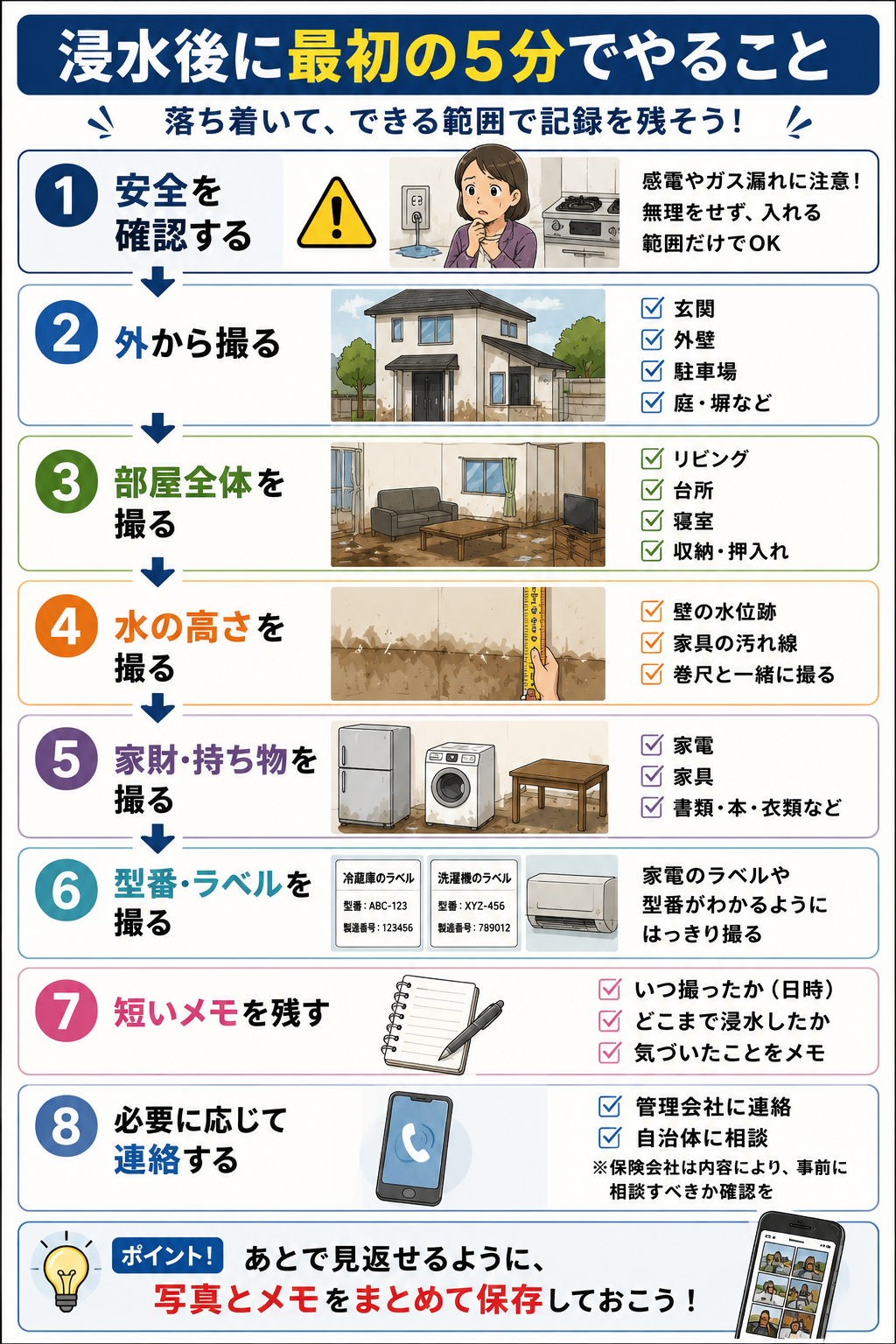 浸水後に最初の5分で行う安全確認、外観撮影、部屋全体、水位、家財、型番ラベル、メモ、連絡の流れを示した図解