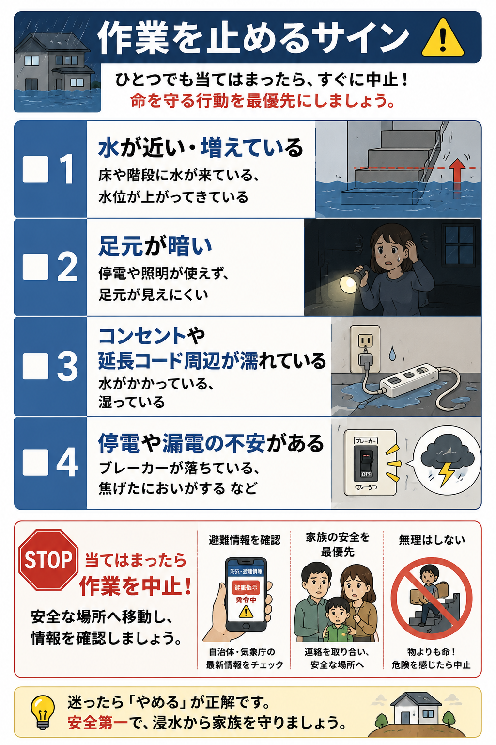 浸水時に作業を中止すべきサインをまとめた防災チェックリスト図解