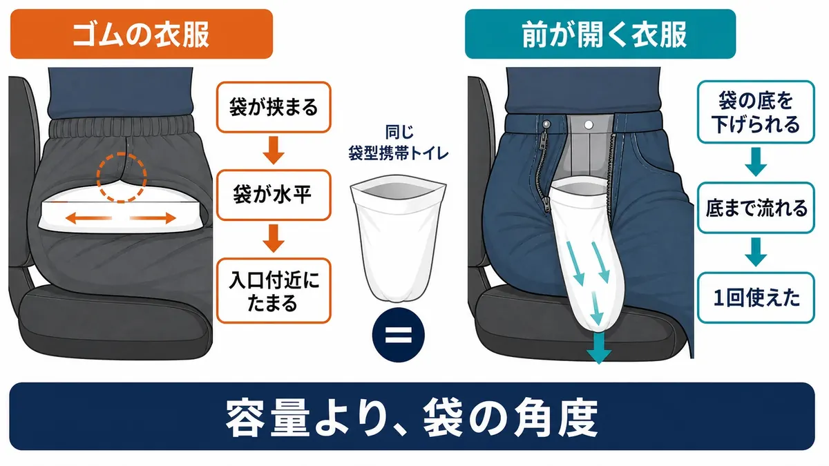 ゴムの衣服では袋が水平になり、前が開く衣服では袋の底を下げられる違いを比較する図表