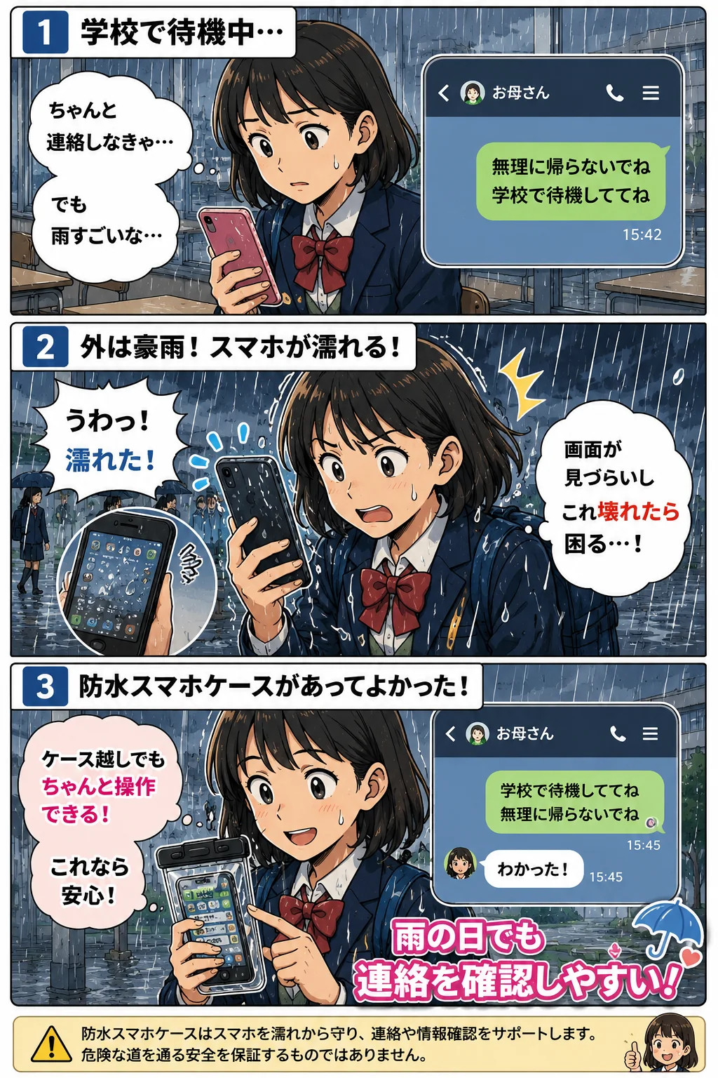集中豪雨で家族が別々の場所にいて、連絡が取れず迎えに行くべきか迷う様子を描いた冒頭漫画