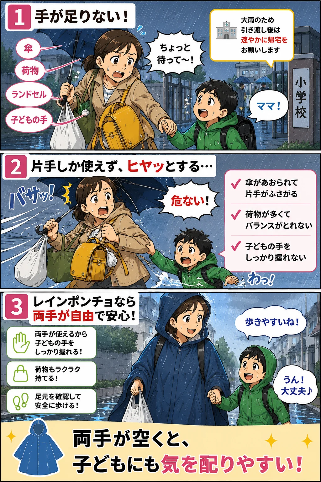 大雨警報で子どもの迎えに行くべきか迷う保護者の不安を描いた縦長3コマ漫画