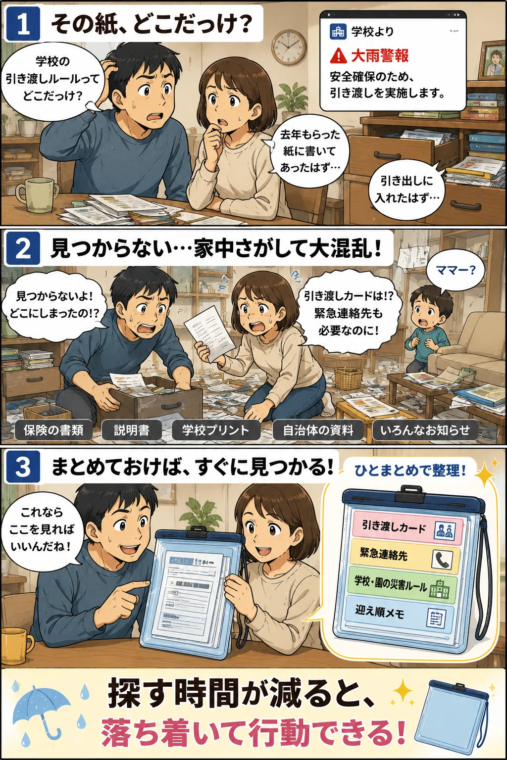 大雨シーズン前に家庭で決めておく学校連絡先や引き渡し登録者など4項目をまとめたチェックリスト