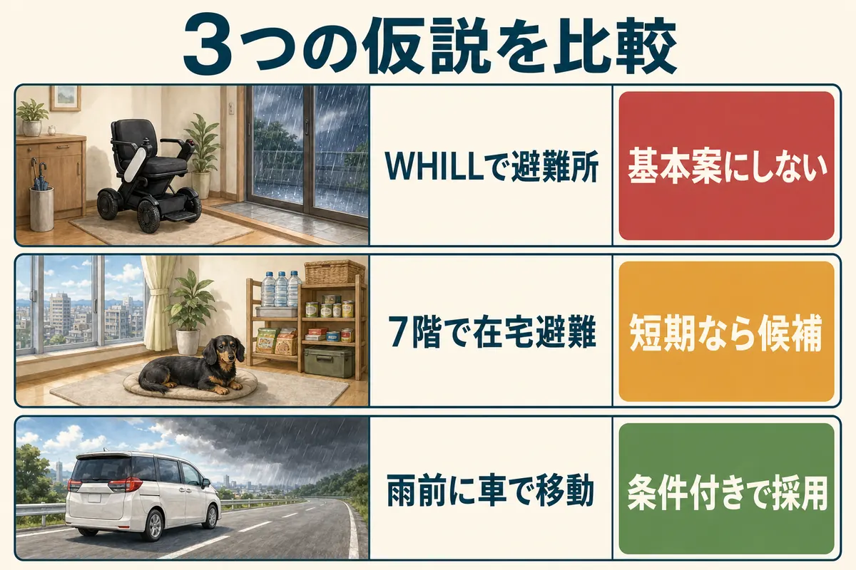 WHILL避難、7階在宅、降雨前の車避難について、成立条件、今回の壁、判定を比較した表