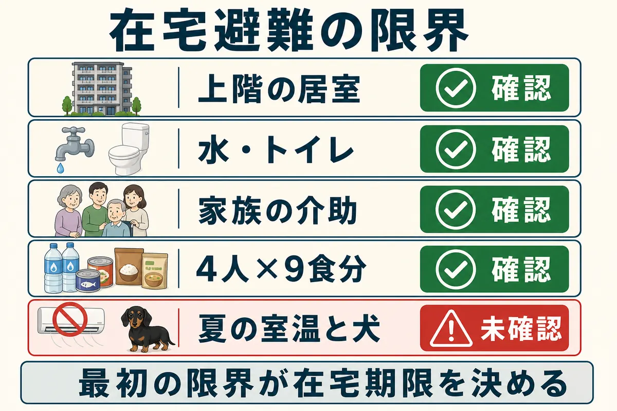 上階、水とトイレ、家族介助、常温食品、夏の室温と犬という在宅避難条件の確認表
