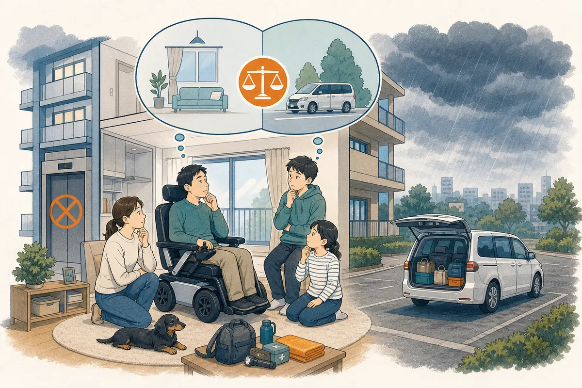 集中豪雨と停電を前に、マンション7階でWHILL利用者、家族、犬が在宅と車避難を判断する場面
